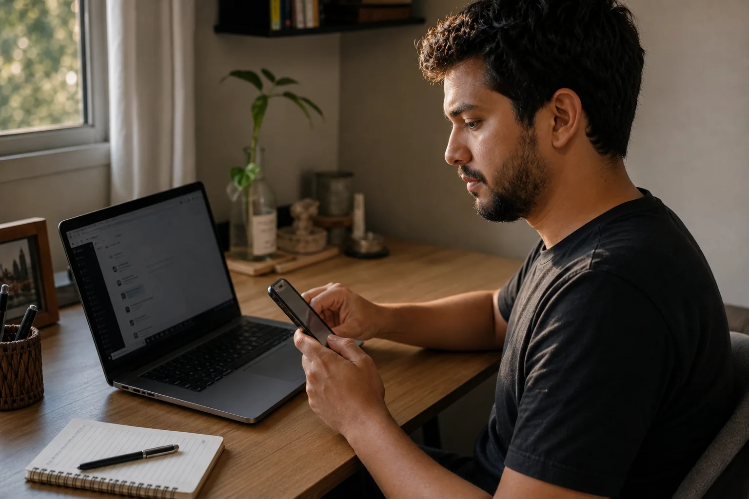 Profissional analisando o celular após uma rotina de trabalho no computador