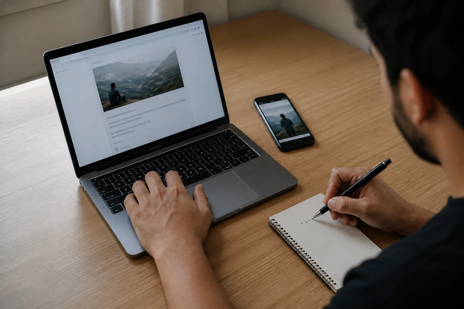 Pessoa começando um conteúdo simples com notebook, celular e poucas anotações